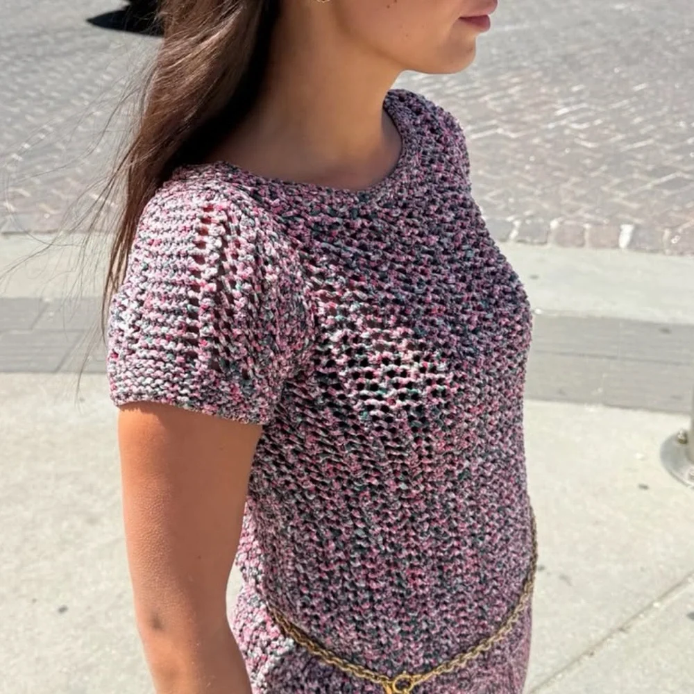 CHANEL Woven Knit Short Sleeve Sweater
